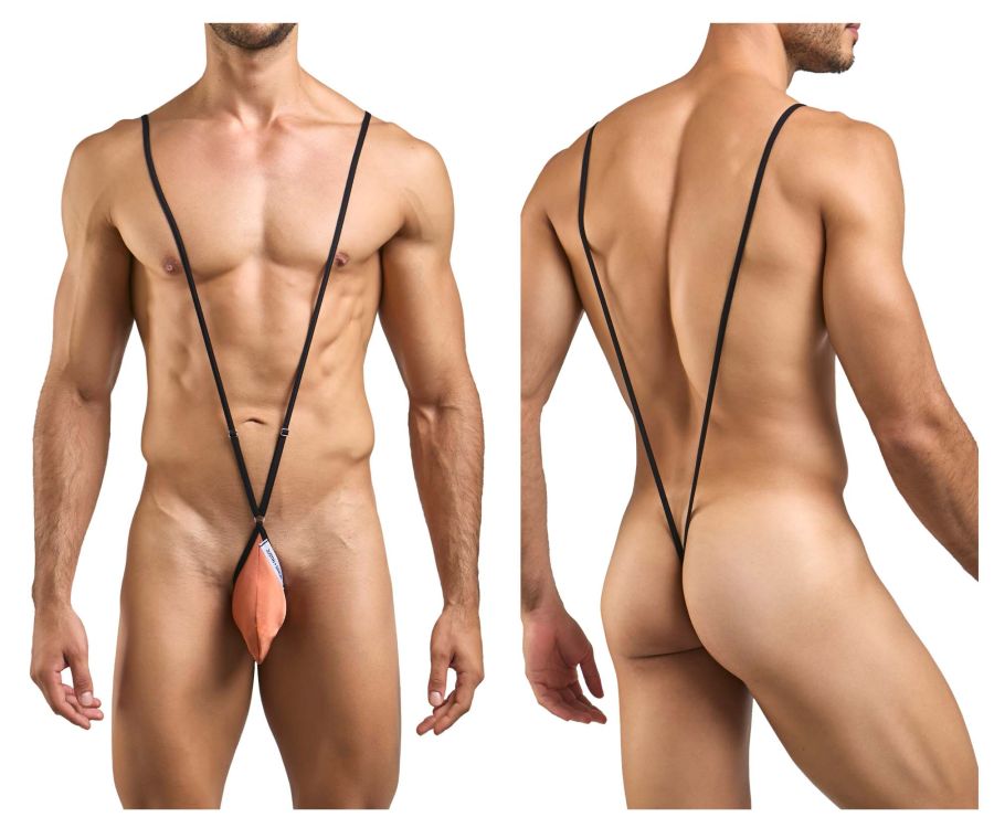 Black stringed men’s thong with peach pouch and white tag justin simon xsj04 sling color ochre front view