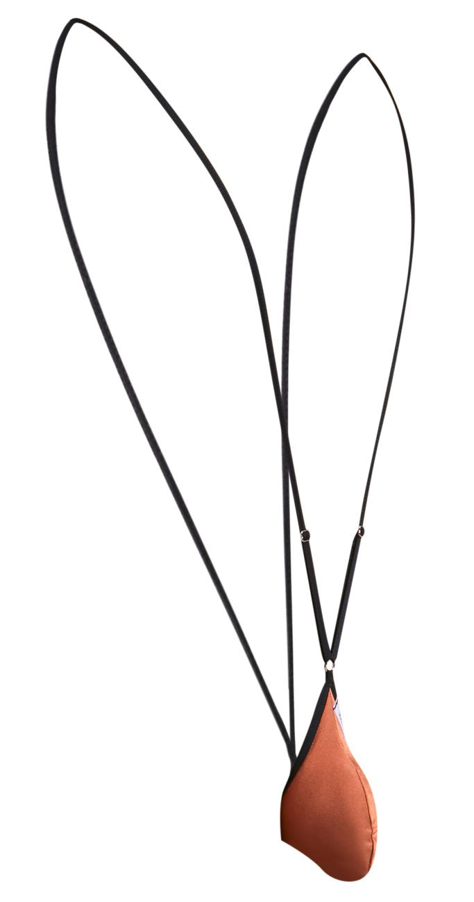 Justin Simon XSJ04 sling featuring a sleek black leather strap with an ochre brown teardrop-shaped pouch at the bottom