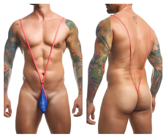 Blue nylon string bikini with pink straps from justin simon xsj04 sling color party collection