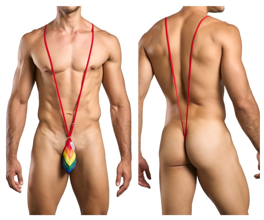 Red stringed rainbow-colored men’s thong with a triangular multi-hued design justin simon xsj04 sling color pride flag