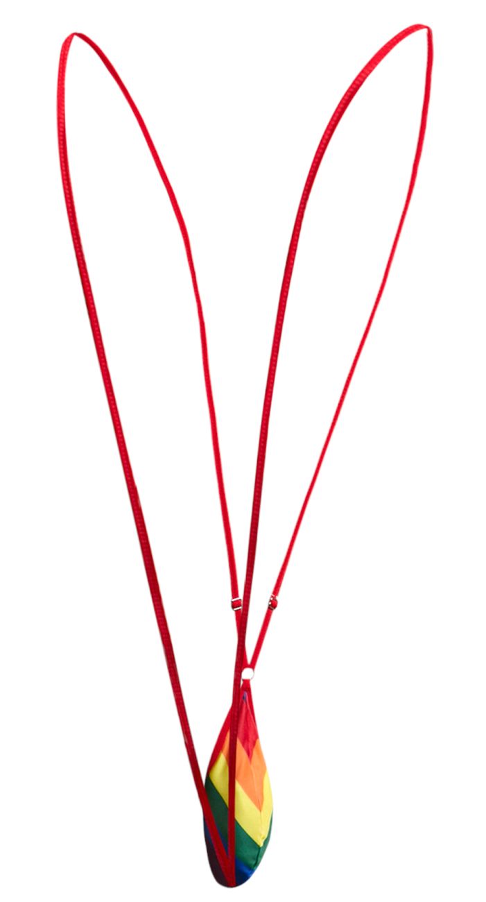 A vibrant rainbow-colored teardrop-shaped pendant on a red cord from justin plus simon xsj04 sling color pride flag
