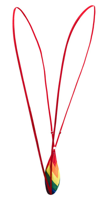 A vibrant rainbow-colored teardrop-shaped pendant on a red cord from justin plus simon xsj04 sling color pride flag