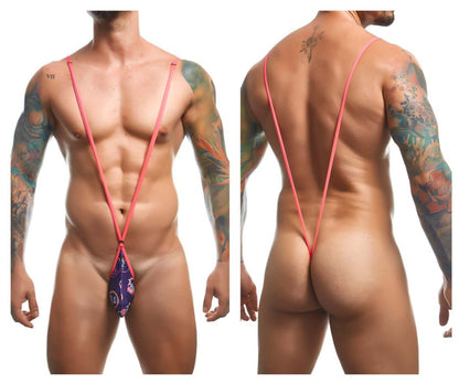 Pink stringed men’s thong with a purple and blue patterned pouch in the justin simon xsj04 sling color pride collection