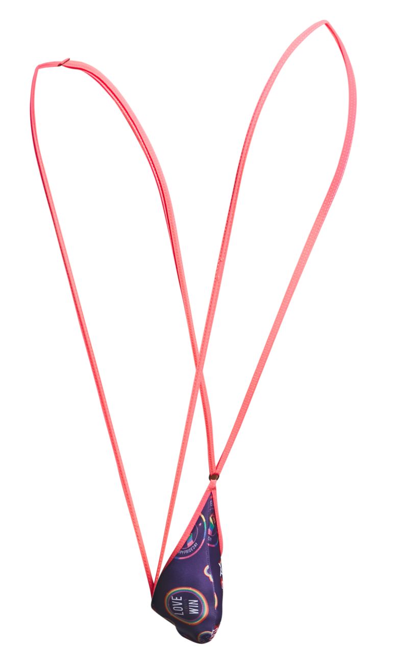 Pink elastic lanyard with purple fabric pouch featuring love win text and circular design for justin simon xsj04 sling color pride