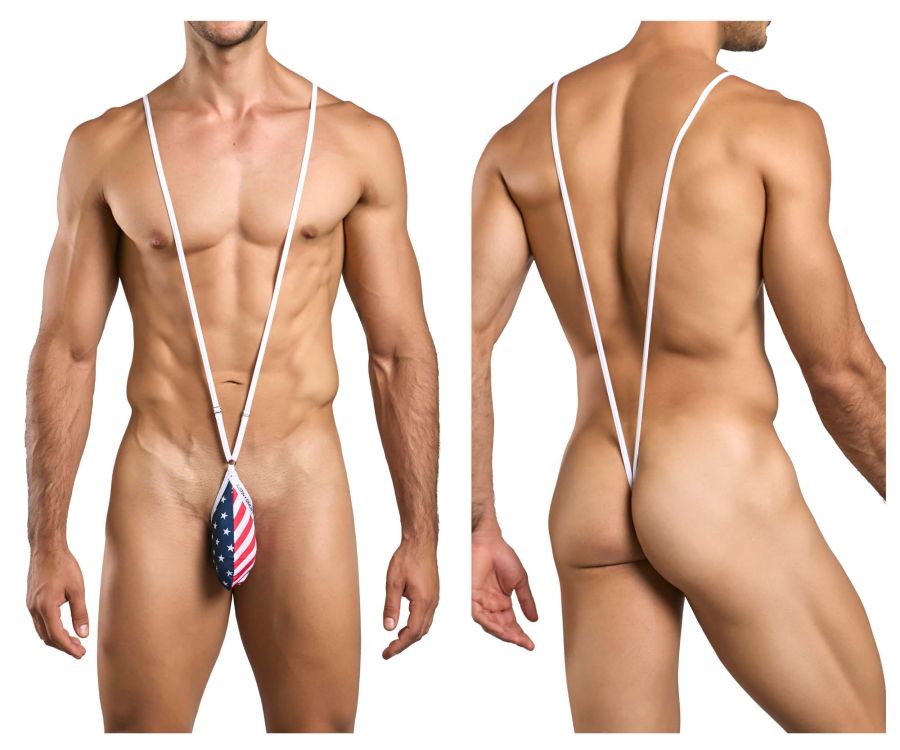 Men’s white stringed thong with American flag fabric pouch front in justin simon xsj04 sling color usa flag design