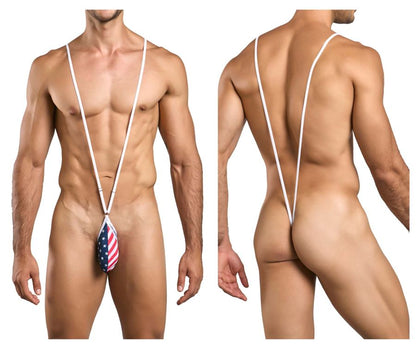 Men’s white stringed thong with American flag fabric pouch front in justin simon xsj04 sling color usa flag design