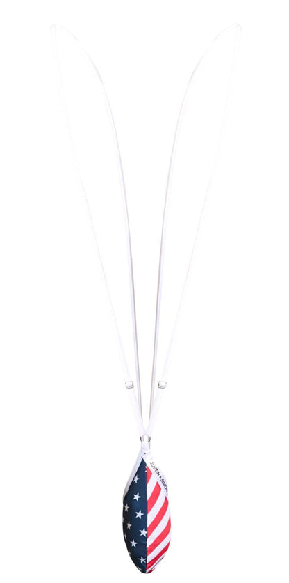 A white cord necklace with a teardrop pendant featuring an american flag design by Justin Simon XSJ04 Sling Color USA Flag