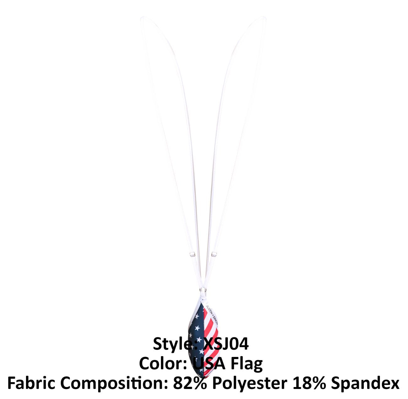 A white lanyard with a usa flag teardrop pendant made of 82% polyester and 18% spandex by justin simon