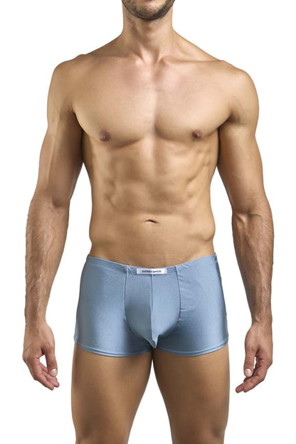 Light blue sleek fitting men’s boxer briefs with subtle sheen and branded waistband from JUSTIN SIMON XSJ08 Classic Boxer Metal Green