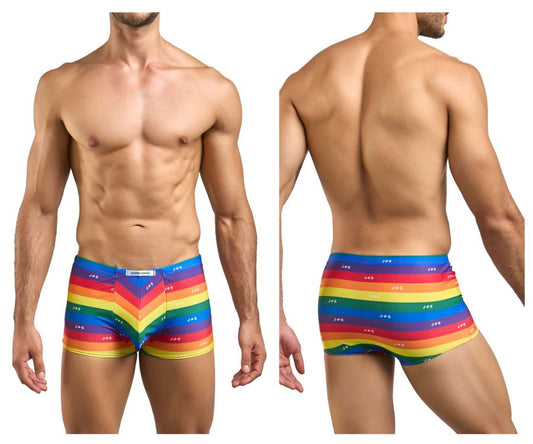 Justin simon xsj08 classic boxer color pride flag rainbow striped men’s boxer briefs with repeating jes logo pattern