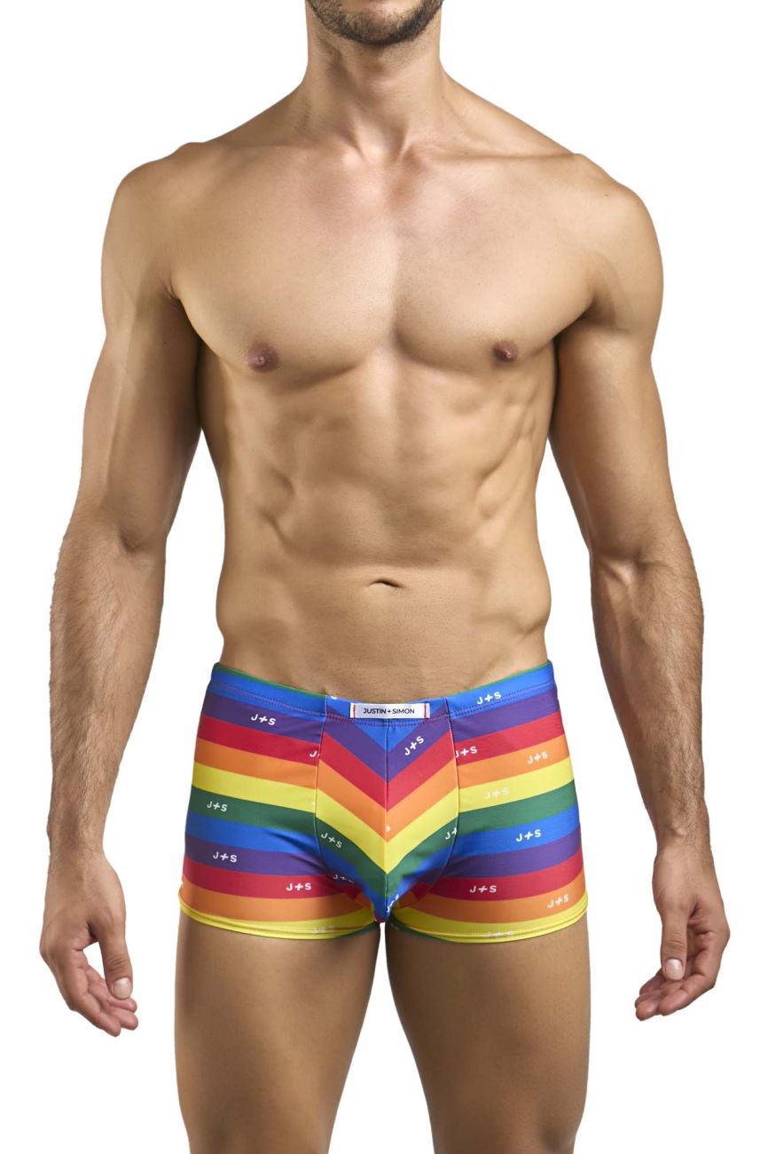 Classic boxer briefs justin simon xsj08 with vibrant rainbow chevron stripes and repeating js logo on elastic waistband