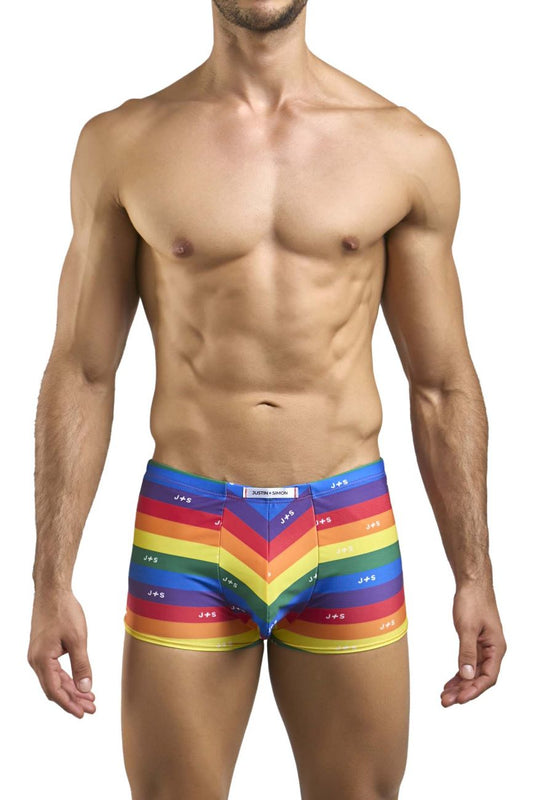 Classic boxer briefs justin simon xsj08 with vibrant rainbow chevron stripes and repeating js logo on elastic waistband
