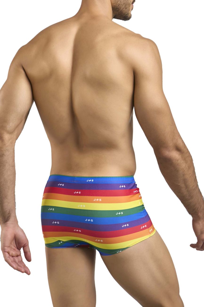 Rainbow-striped men’s briefs with repeating white jds logo in justin simon xsj08 classic boxer color pride flag design