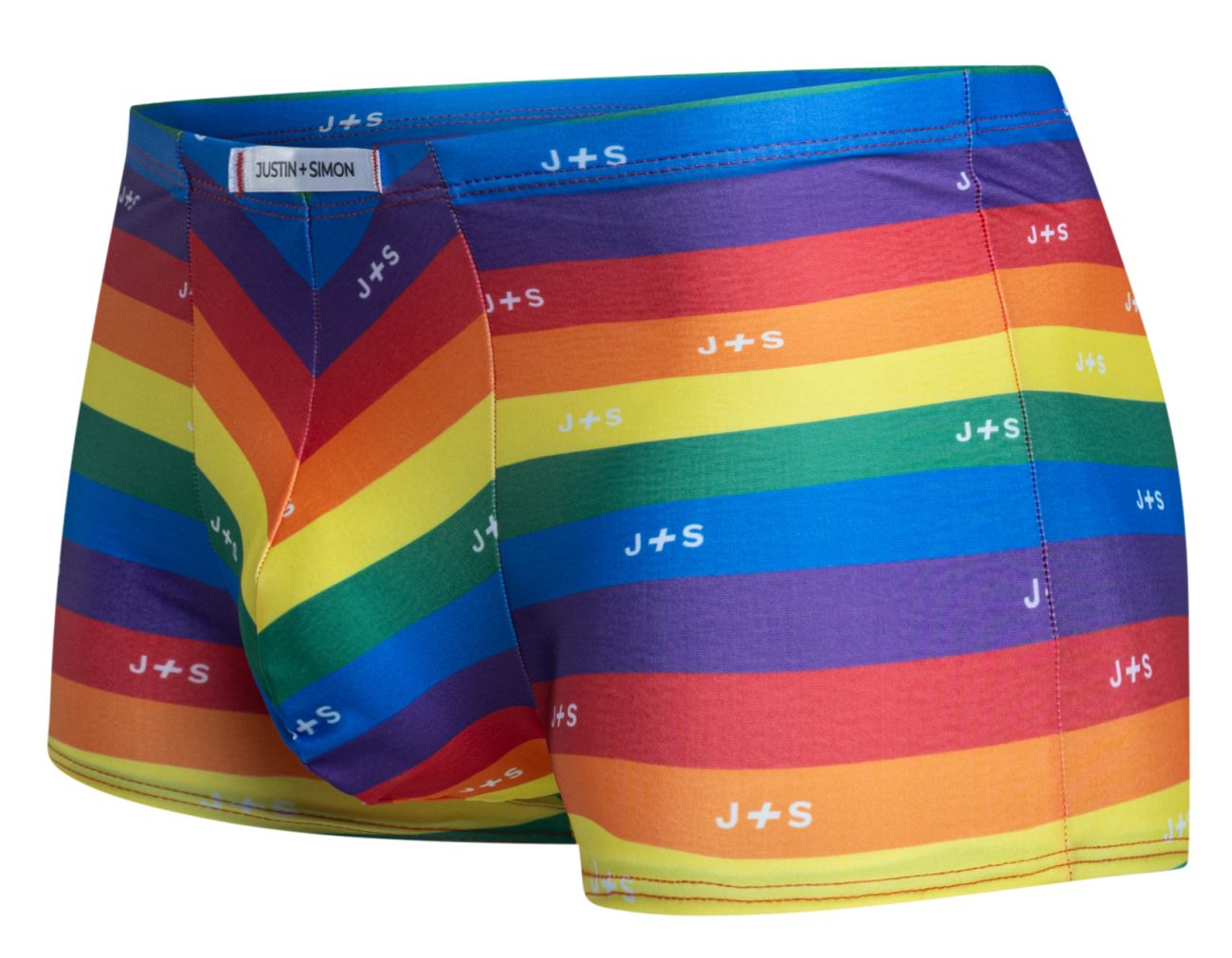 Rainbow-striped men’s boxer briefs with white j+s branding by justin+simon classic pride flag color design