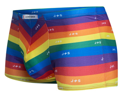 Rainbow-striped men’s boxer briefs with white j+s branding by justin+simon classic pride flag color design