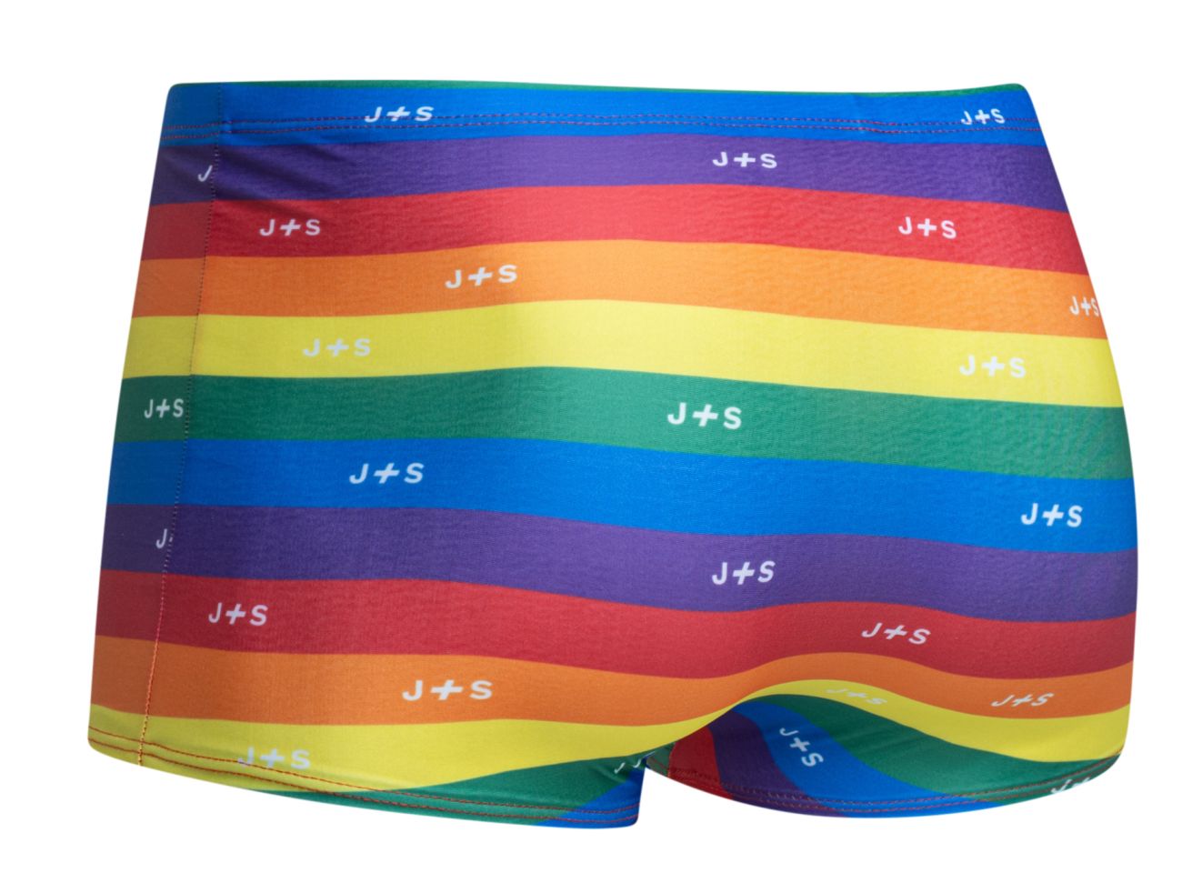 Rainbow-striped men’s boxer briefs with j plus s logo on each stripe from justin plus simon xsj08 pride flag collection