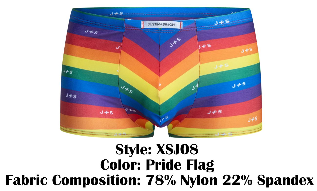 Rainbow-striped men’s boxer briefs in pride flag colors with repeated j+s logo by justin+simon xsj08 classic boxer color pride flag