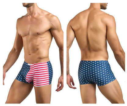 Men’s patriotic-themed boxer briefs justin simon xsj08 in classic red white and blue usa flag design with stars and stripes