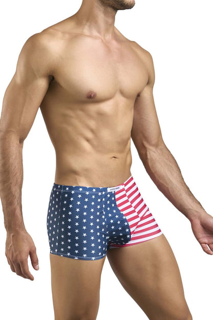 Justin Simon XSJ08 classic boxer briefs with USA flag split design in blue red stripes and white stars on left side