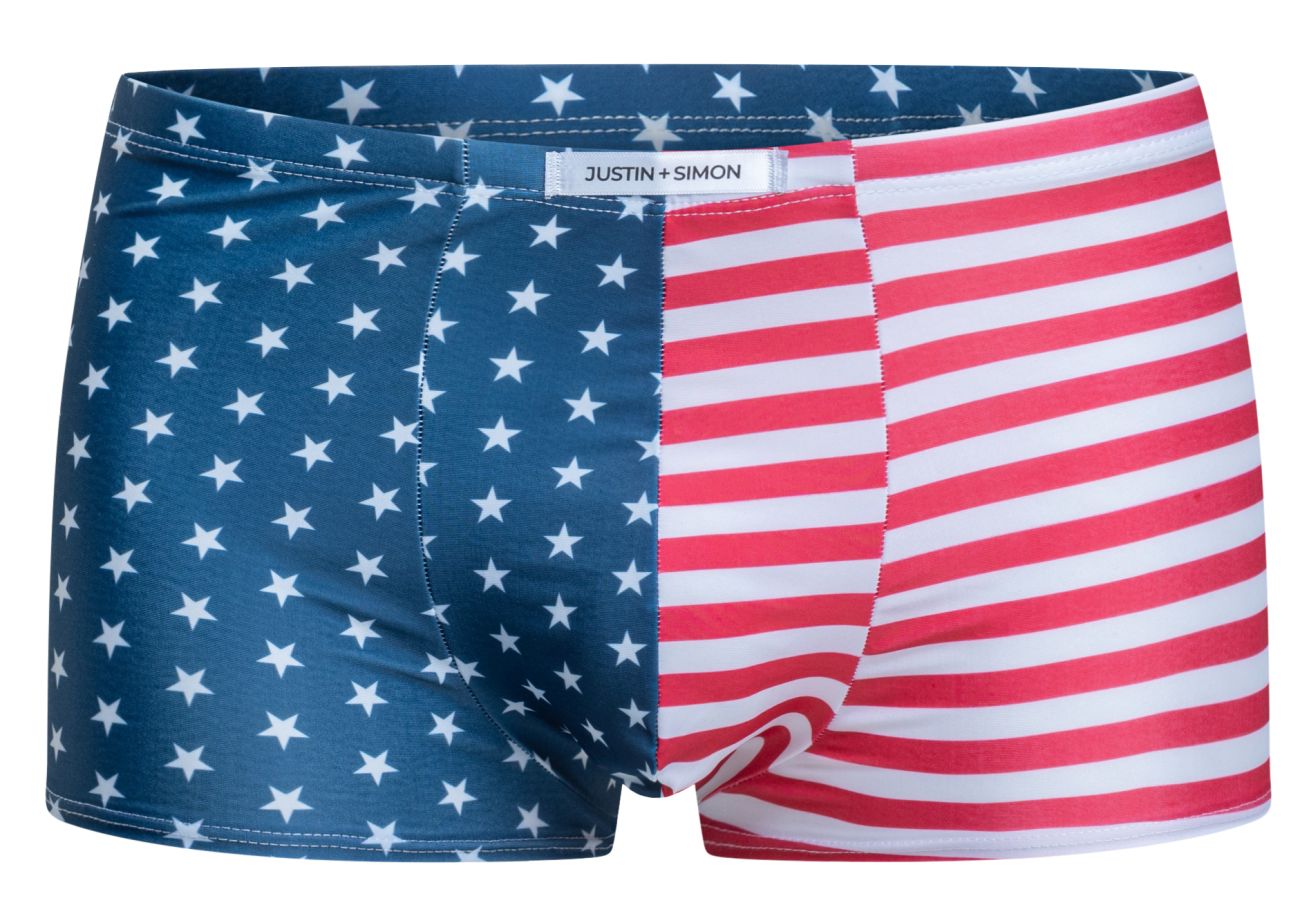 Justin simon xsj08 classic boxer briefs in usa flag design with navy stars and red white stripes split pattern