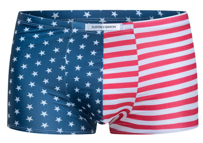 Justin simon xsj08 classic boxer briefs in usa flag design with navy stars and red white stripes split pattern