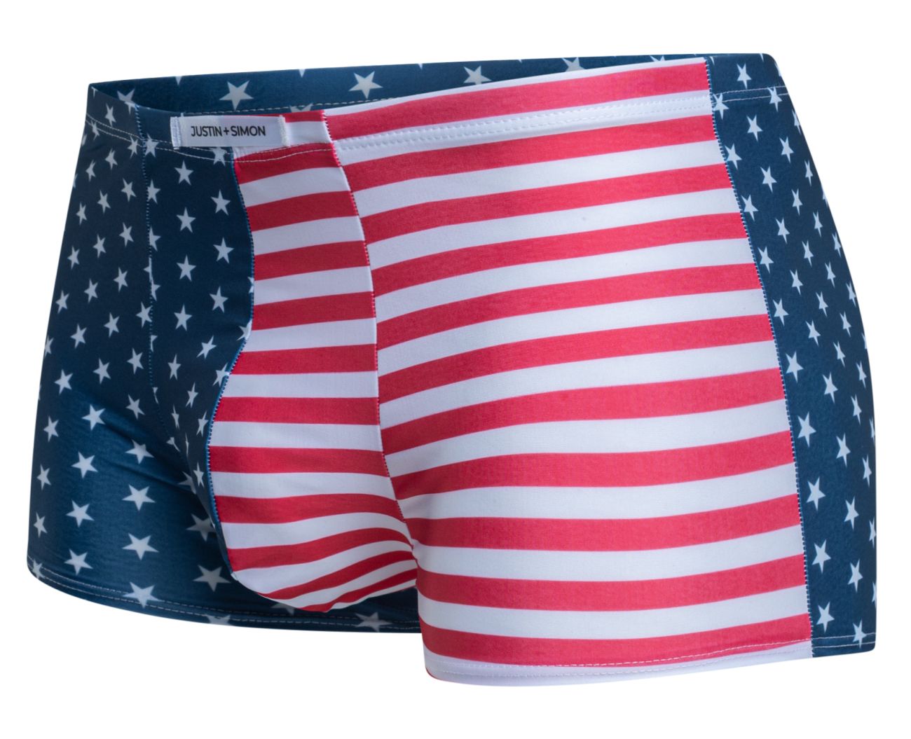 Justin simon xsj08 classic boxer briefs with bold american flag design featuring red white stripes and navy blue stars