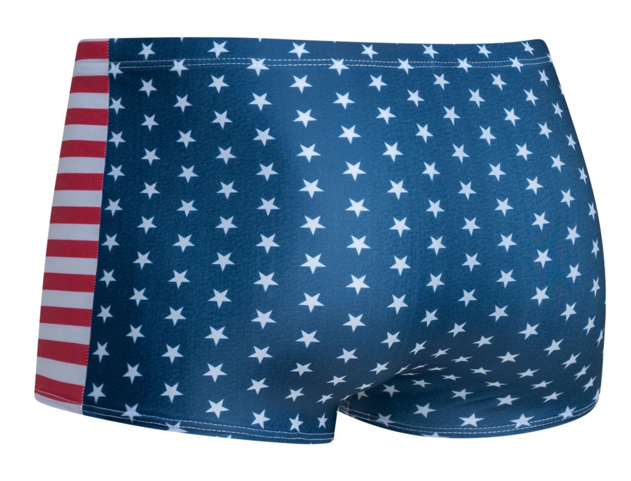 Blue swim trunks with white stars and red white striped side panel from justin simon classic boxer color usa flag collection