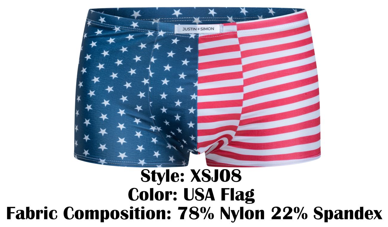 Justin+Simon XSJ08 classic boxer color usa flag patterned boxer briefs with blue stars and red white stripes made of nylon spandex