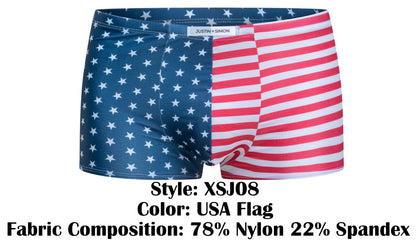 Justin+Simon XSJ08 classic boxer color usa flag patterned boxer briefs with blue stars and red white stripes made of nylon spandex