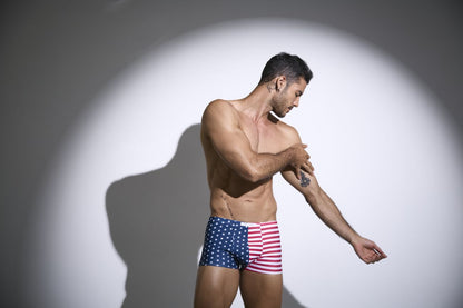 Justin simon xsj08 classic men’s boxer briefs with usa flag print featuring red white stripes and blue stars