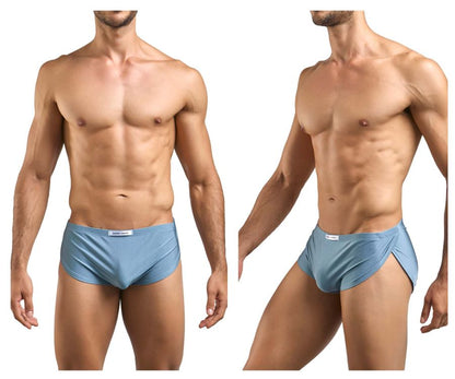 Light blue smooth textured men’s briefs with side slit and white brand tag shown with justin simon xsj09 running shorts metal green