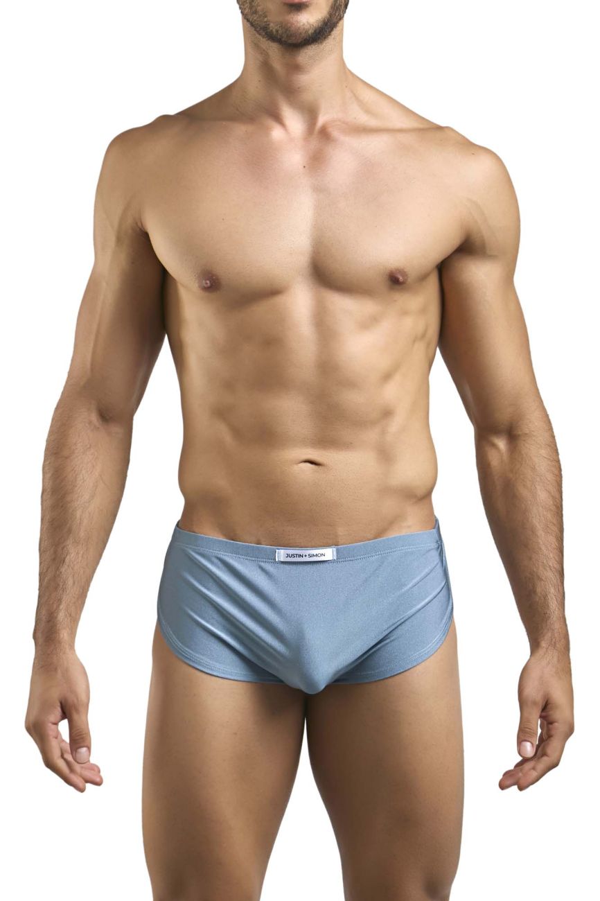 Light blue satin-like briefs with a subtle brand tag at the waistband from JUSTIN+SIMON xsj09 running shorts collection