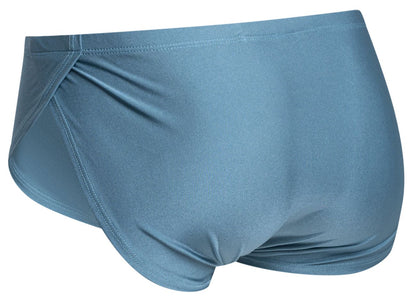 A sleek light blue athletic brief with smooth stretchy fabric and clean waistband stitching for running use