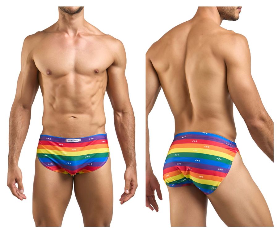 Rainbow-striped men’s briefs with repeating jes logo pattern in justin simon xsj09 running shorts color pride flag design