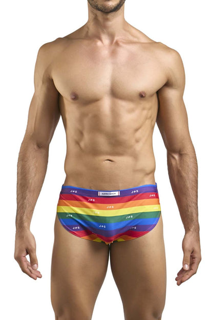 Rainbow-striped justin simon xsj09 running shorts with a repeating js logo waistband in pride flag colors