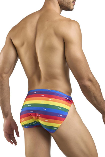 Justin simon xsj09 running shorts in rainbow pride flag colors with a repeating joo logo pattern