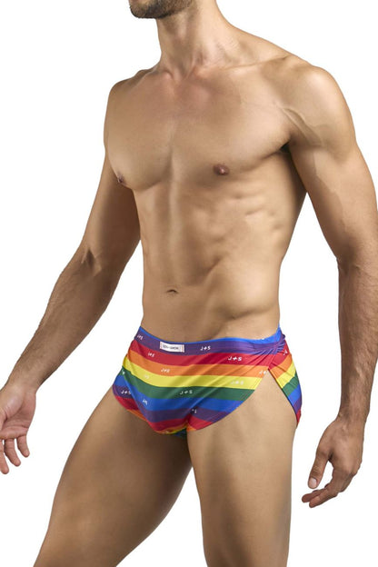 Justin plus simon xsj09 rainbow-striped men’s swim trunks with snug fit elastic waistband in pride flag colors