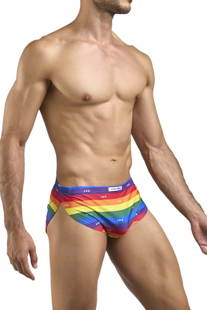 Justin simon xsj09 rainbow-striped men’s briefs with snug fit elastic waistband featuring pride flag colors