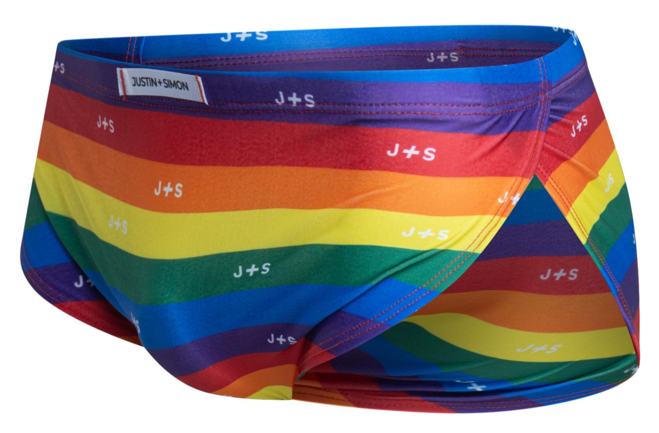 Rainbow-striped men’s briefs with j+s logo on each color band from justin+simon xsj09 running shorts color pride flag