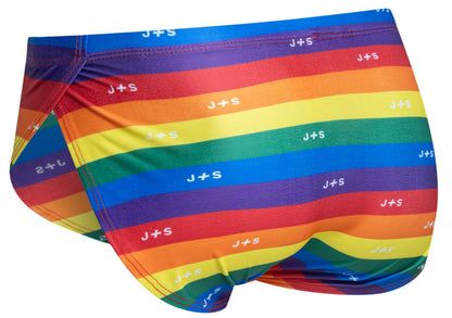 Rainbow-striped men’s briefs with justin simon js logo in white across each stripe from pride flag running shorts