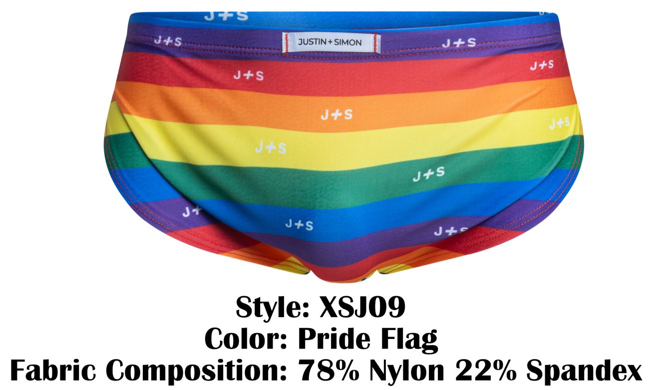 Rainbow-striped men’s briefs in pride flag colors with repeated j+s logo for justin+simon xsj09 running shorts