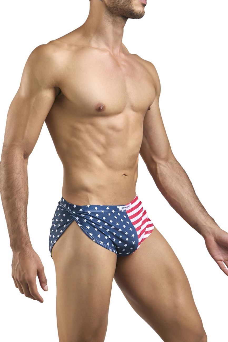 Justin Simon XSJ09 running shorts in blue and red with USA flag pattern and white stars for athletic use