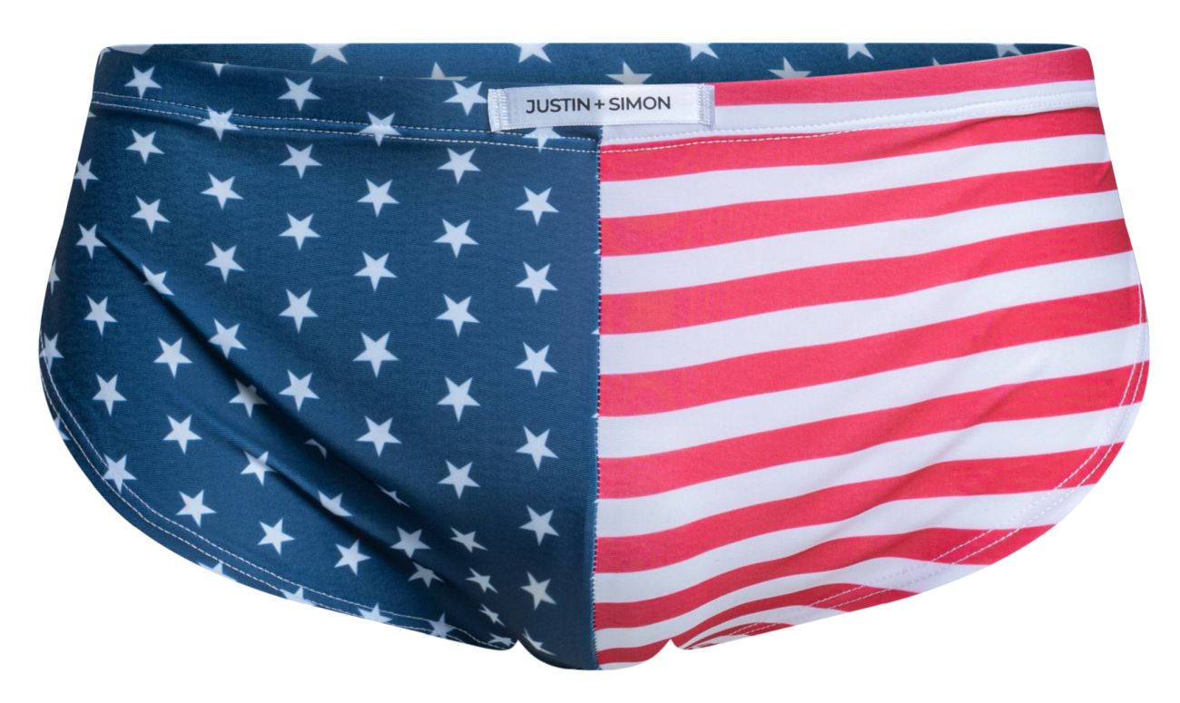 Justin simon men’s swim trunks xsj09 with bold usa flag design featuring red white stripes and blue with white stars