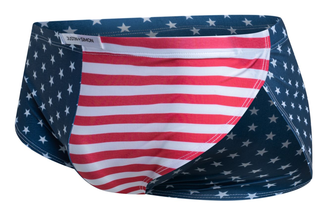 Justin simon xsj09 running shorts in blue and red striped usa flag design with white stars patriotic swim trunks