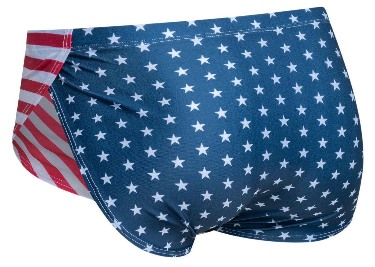 Blue swim trunks with white stars and red white striped side panel for justin+simon xsj09 running shorts usa flag