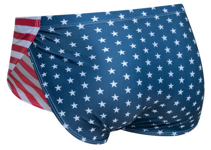 Blue swim trunks with white stars and red white striped side panel for justin+simon xsj09 running shorts usa flag
