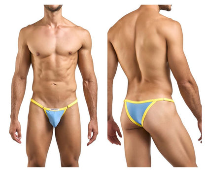 Justin simon xsj12 baby blue bikini thong with thin elastic waistband in blue and yellow for swimwear use