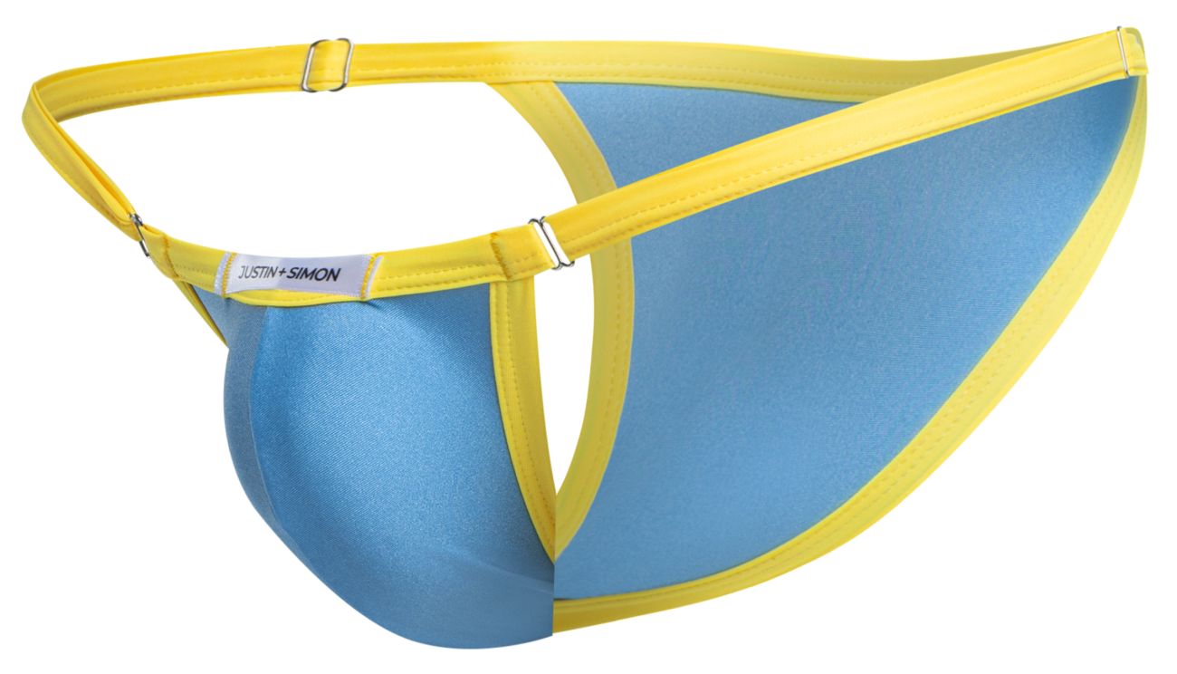 Blue and yellow justin simon thong in baby blue with a satin finish for stylish swimwear use