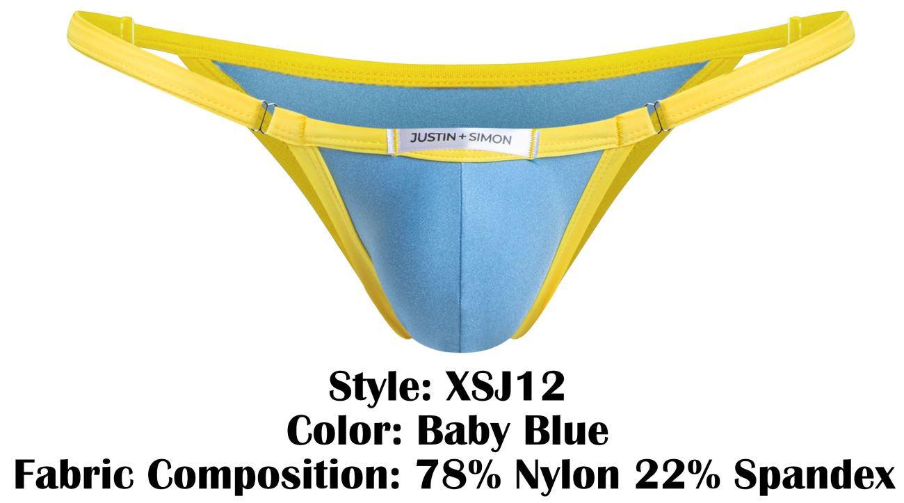 Baby blue and yellow bikini thong with justin plus simon brand label from the justin plus simon xsj12 collection