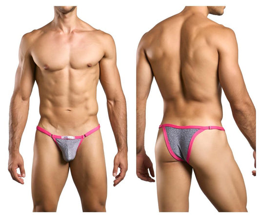 Pink and silver glittery thong bikini with snug form-fitting design in lurex gray by justin simon xsj12